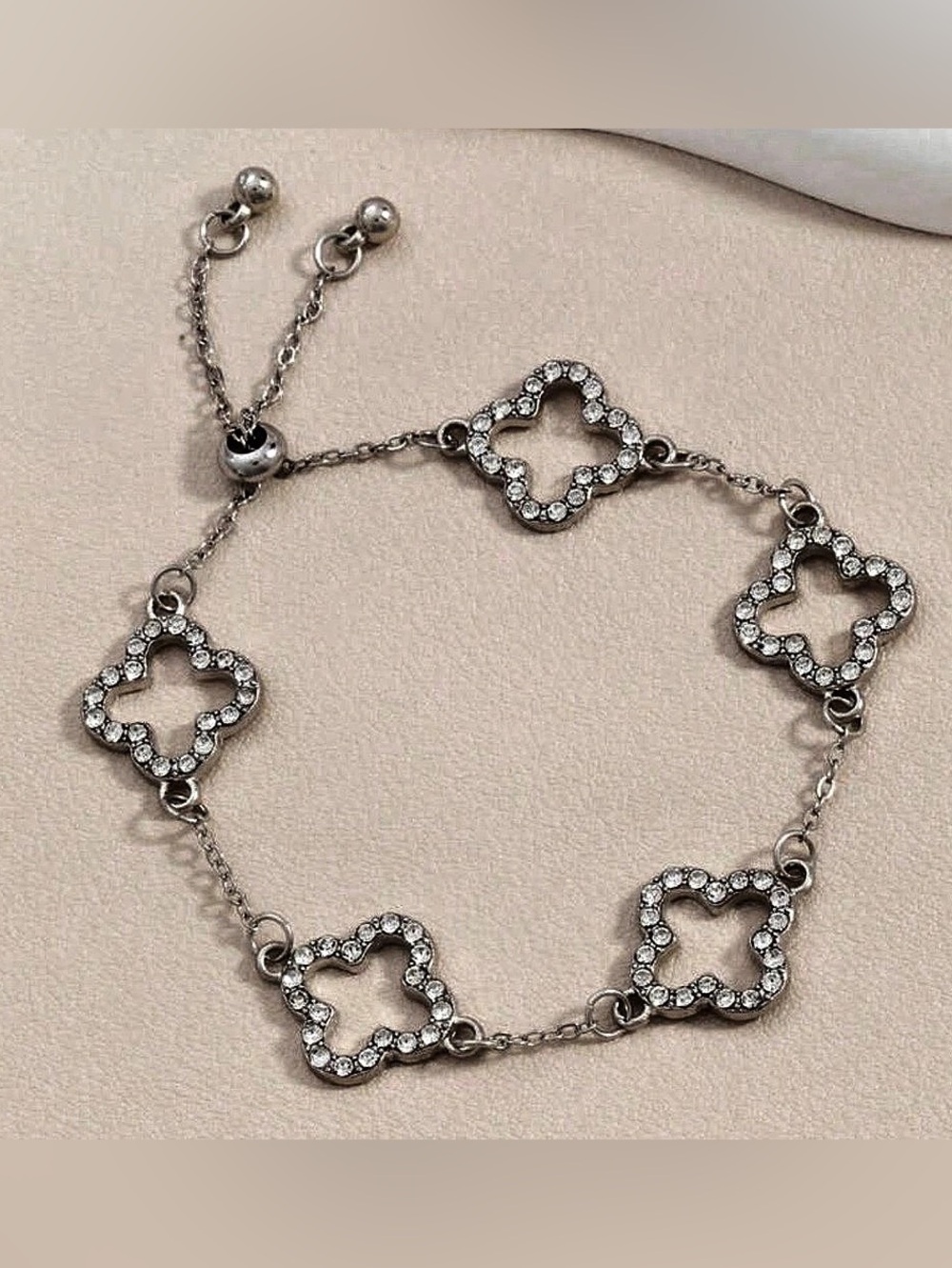 Silver-Tone Rhinestone Clover Bracelet